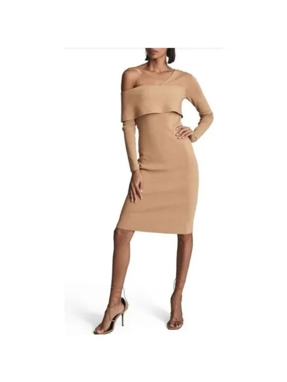 🆕REISS Ella One Shoulder Asymmetric Knit Bodycon Dress Camel Large